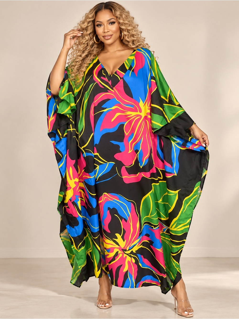 Vibrant Floral V-Neck Kaftan Cover-Up in Black Multi